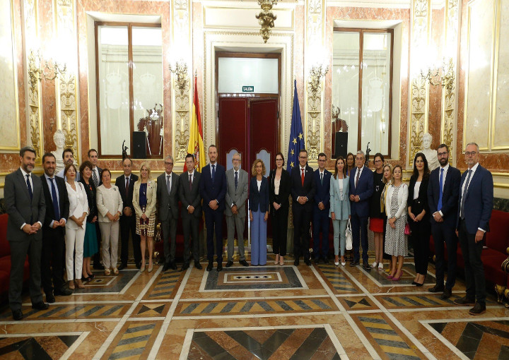 La delegación de la Asamblea posa con la presidenta del Congreso, Meritxell Batet, y diputados nacionales en el salón de los Pasos Pérdidos