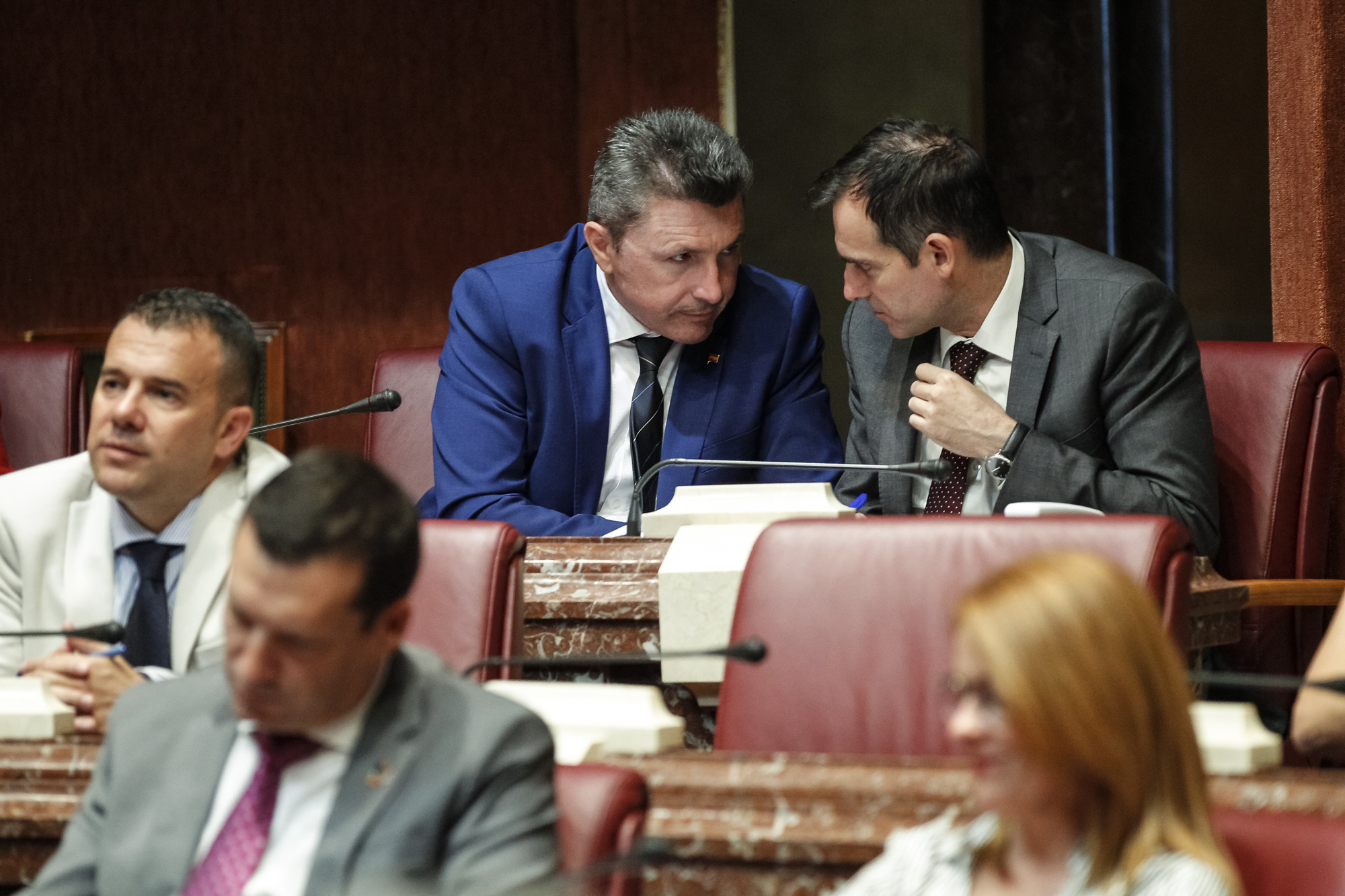 Los diputados de Vox, Juan José Liarte y Pascual Salvador, comentan la intervención del candidato