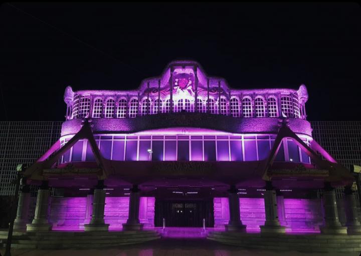 Foto de archivo: fachada principal de la Asamblea Regional iluminada de morado