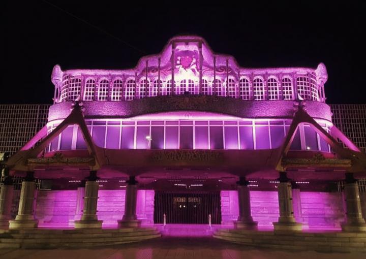 Foto de archivo: la fachada principal de la Asamblea Regional de Murcia iluminada de color fucsia Foto de archivo: la fachada principal de la Asamblea Regional de Murcia iluminada de color fucsia