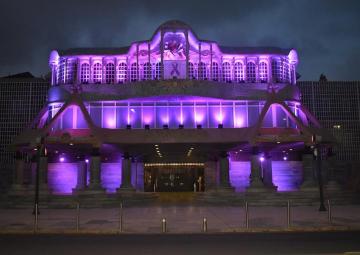 Foto de archivo: fachada principal de la Asamblea Regional iluminada de morado