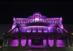 Foto de archivo: fachada principal de la Asamblea Regional iluminada de morado
